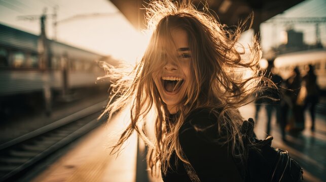a laughing young woman turning her head as she runs along a train platform, her backpack swinging, hair flying across her face, warm sunlight catching in her eyes, blurred friend reaching out behind h
