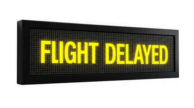 Digital airport flight delayed information display sign isolated on transparent background
