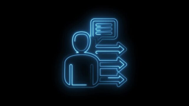 Neon human silhouette with speech bubble and multiple outgoing arrows symbolizing icon