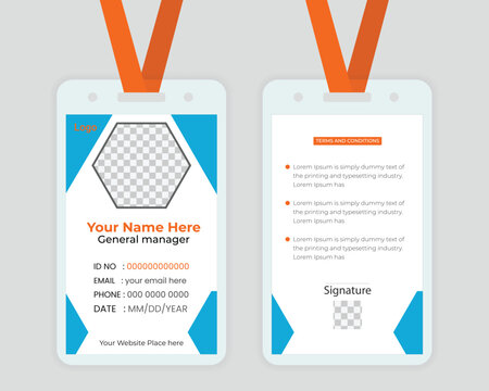 Employee id card template with orange lanyard and blue accents