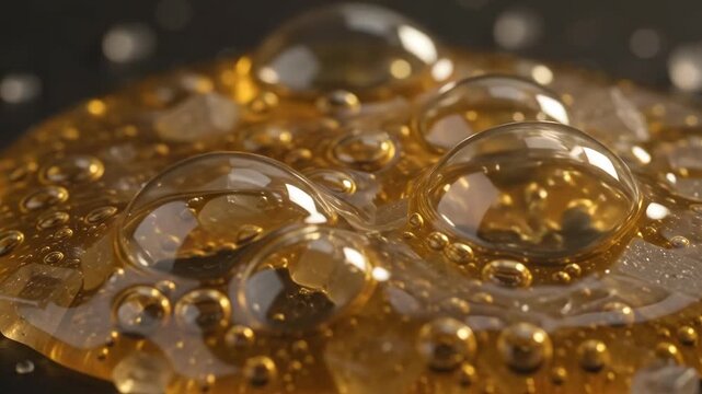 Macro footage of thick golden syrup pouring over sugar cubes, creating sticky bubbles and stretching threads