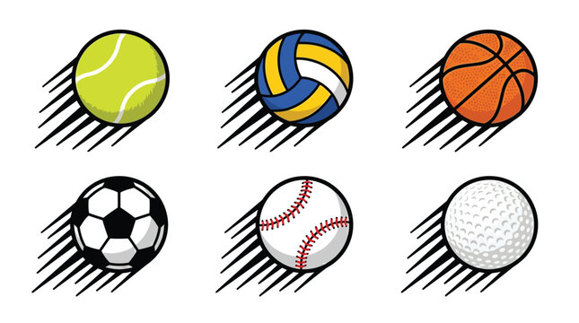 Collection of colorful flying sports ball vector illustrations featuring dynamic motion lines and bold textures