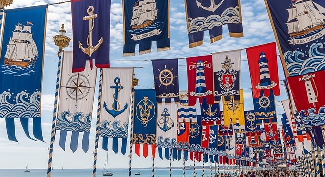 Colorful nautical flags and maritime banners hanging outdoors.