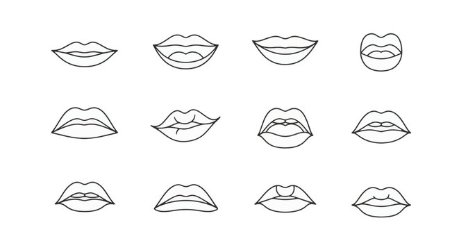 Set of twelve minimalist mouth and lips outline icons featuring various expressions including smiling, pouting, open, and biting lip, isolated on white for cosmetic and app design.