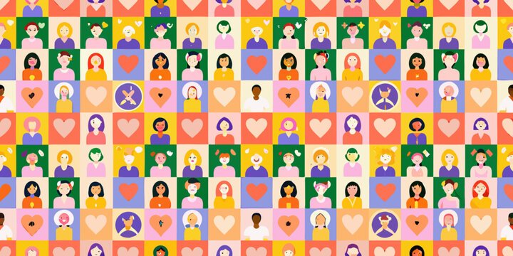 Diverse people mosaic pattern colorful vector illustration with repeating faces