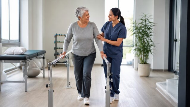 Nurse Supporting Patient During Rehabilitation Steps