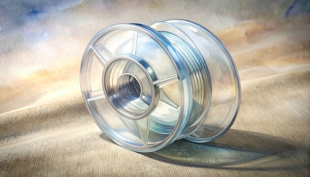 Clear plastic spool with filament on a textured surface