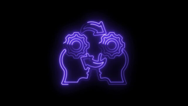 Neon purple outline of two human heads facing each other with interlocking gears inside and... icon