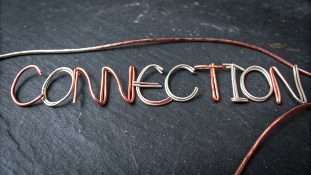 Artistic representation of the word connection crafted with colorful metal wires on a dark textured stone surface