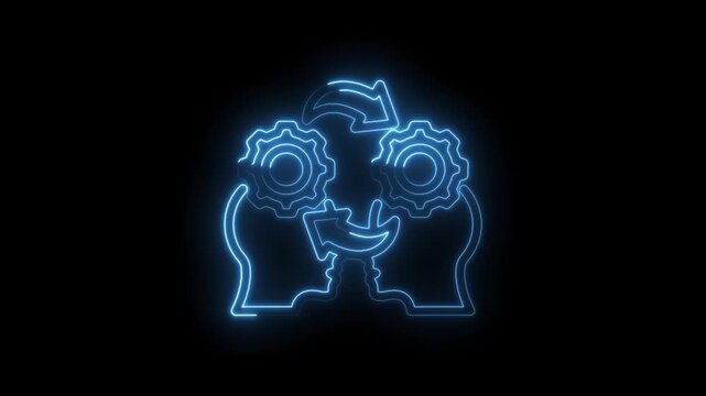 Neon blue outline of two human heads facing each other with interlocking gears and circular... icon