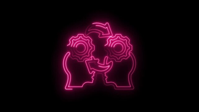 Neon pink glowing outline of two human heads with gears inside and arrows indicating icon