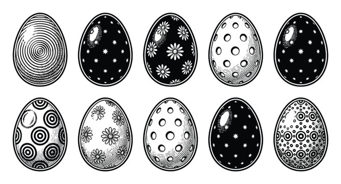 A collection of ten decorative easter eggs with various black and white patterns in a vintage engraving style