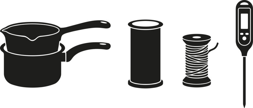Candle Making Hobby Craft Equipment Icon Set Featuring Double Boiler Wax Melting Pot Metal Pouring Pitcher Spool Wick and Digital Probe Thermometer