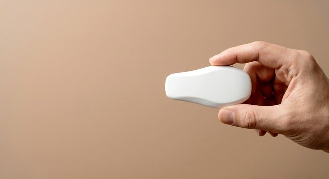 Hand holding blank high-tech wireless sensor with copy space on warm cocoa beige background, minimalist smart medical device or portable tracker mockup, technology concept
