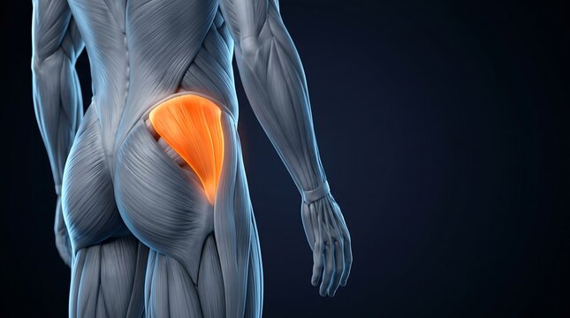 3D rendering of human anatomy showing the gluteus medius muscle highlighted in orange on the back of a male figure, for human muscular system education.