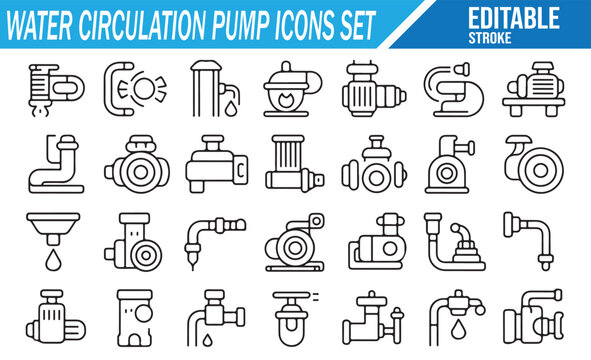 Editable vector pump and plumbing icons with valves, tubes, and hydraulic devices
