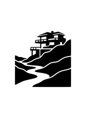 Obraz premium Minimalist Black and White Illustration of a Modern House on a Cliff