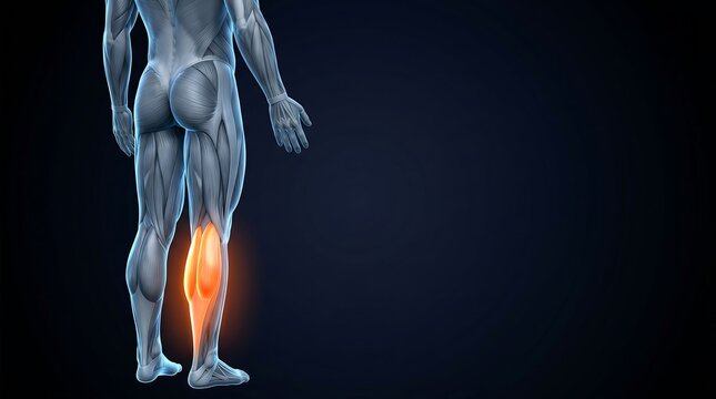 3D rendering of human male leg muscles with highlighted calf, for human muscular system education.