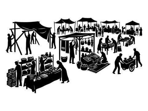 Silhouette of People Working and Shopping at a Busy Outdoor Market