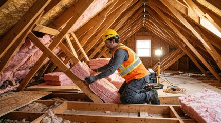 Fototapeta premium Contractor installing pink fiberglass insulation in an unfinished attic, working between wooden roof trusses while wearing a high-visibility vest. 