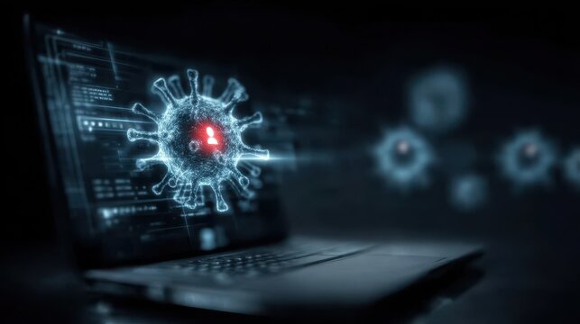 A virus alert notification on the laptop acts as a safeguard for the network when an online phishing campaign tries to infect the system data.