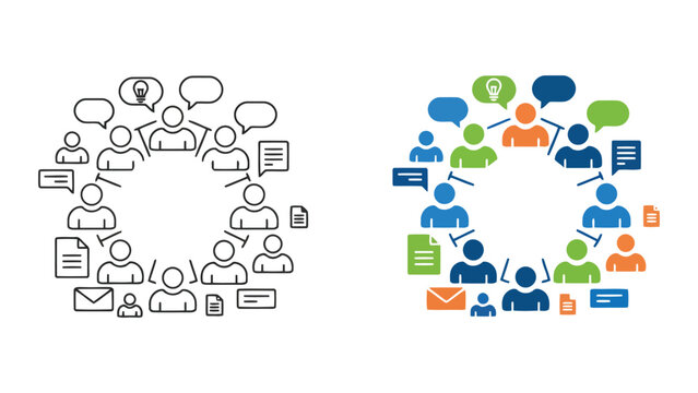 Collaborative communication and team feedback loop icon set featuring group of people with chat bubbles and documents for social networking and project workflow management in professional vector style
