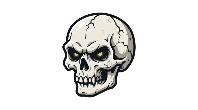 Angry human skull illustration with glowing eyes, cracked bone texture on white background, aggressive skeletal head mascot for gaming and apparel