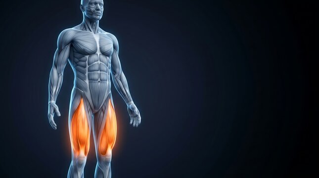 3D rendering of human male anatomy highlighting quadriceps muscles on a dark background, for human muscular system education.