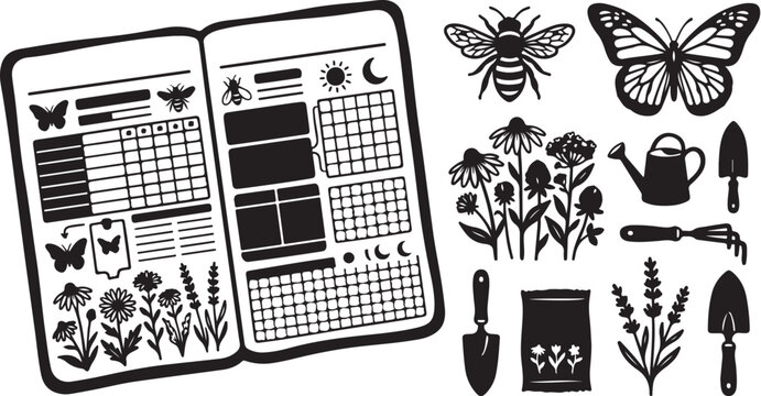 Garden journal vector, botanical planner, nature icons