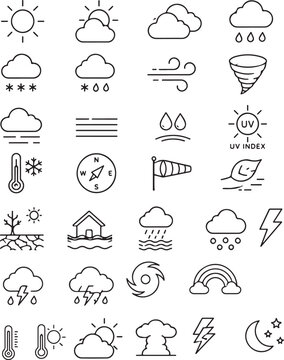 A collection of 30 weather icons including sun, rain, thunderstorm, snow, clouds, wind, fog, and climate symbols. Perfect for weather apps, forecasting platforms, and UI design.