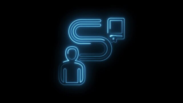 Neon blue human connection icon with digital data stream flowing to device on black background