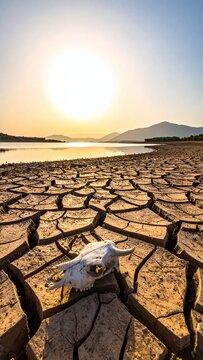 Dramatic animal skull on dry, cracked mud by a shrinking lake at sunset. A powerful metaphor for climate change, drought, global warming, ecological crisis, and water scarcity.