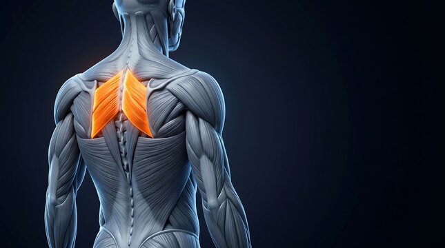 3D anatomical illustration of the human back, highlighting the rhomboid muscles in orange, showing muscle structure and spinal column, for human muscular system education.