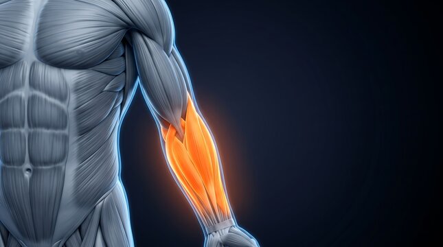 3D rendering of human arm muscles with a highlighted forearm, for human muscular system education.