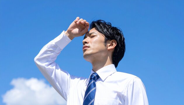 真夏の強い日差しに汗を流しながら空を見上げる若い日本人サラリーマン