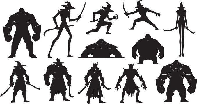 Collection of black silhouette fantasy characters featuring warriors, wizards, mages, and monsters isolated on white background for game design, RPG assets, and concept art.