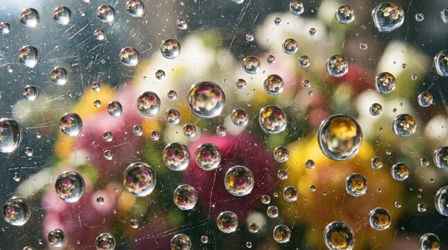 Water Droplets Distorting Colorful Flowers Through Glass