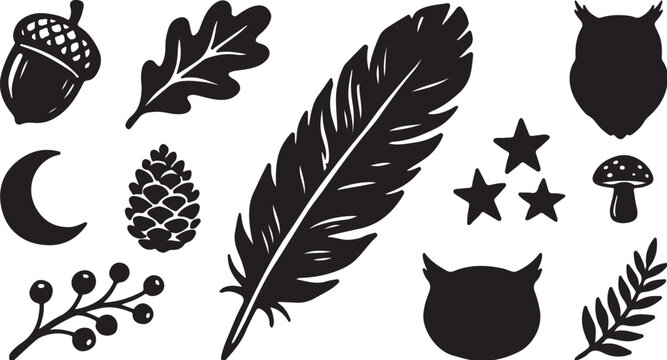 Rustic forest silhouettes, woodland nature icons vector