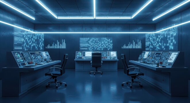 Futuristic Cyber Command Center with Blue Neon Lighting and Data Displays
