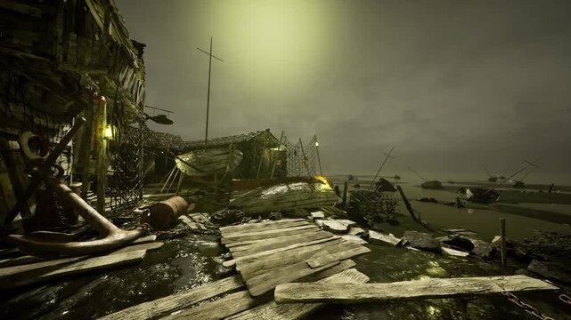 Ruined boardwalk leading toward wrecked boats and dilapidated shacks, greenish haze bathing scene in eerie light with lanterns, driftwood and scattered fishing