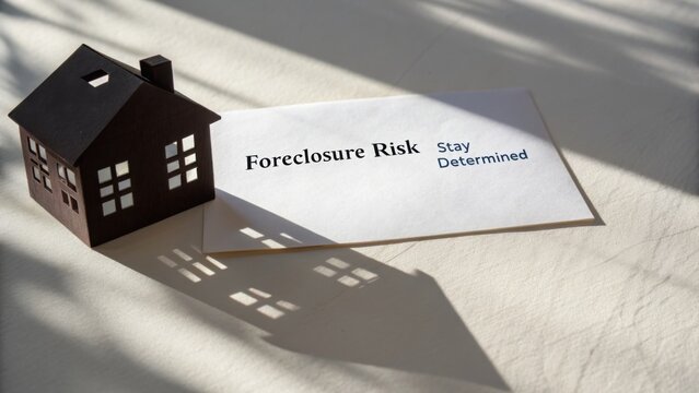 Black house model beside letter indicating foreclosure risk and motivational message to stay determined in overcoming challenges