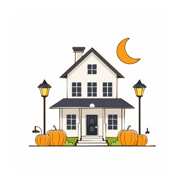 Illustration of a house decorated for Halloween with pumpkins