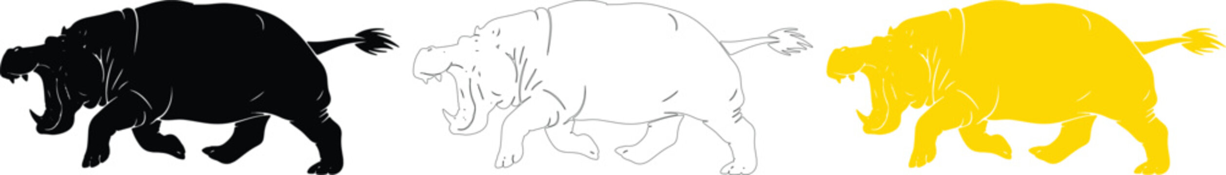 Hippopotamus roaring vector silhouette set, hippo outline and yellow icon on transparent