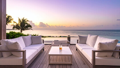 Fototapeta premium Experience ultimate luxury on a wooden terrace with elegant white sofas facing a stunning tropical ocean sunset. Perfect for premium travel, resort, and relaxation concepts.