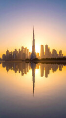 Obraz premium A breathtaking golden sunrise glows behind a modern metropolitan skyline, with an iconic towering skyscraper perfectly reflected in the calm waters. Majestic, serene, and inspiring.