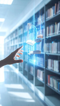 A human hand reaches toward an interactive holographic interface of floating books in a library, symbolizing digital education, virtual database search, and the future of AI learning.