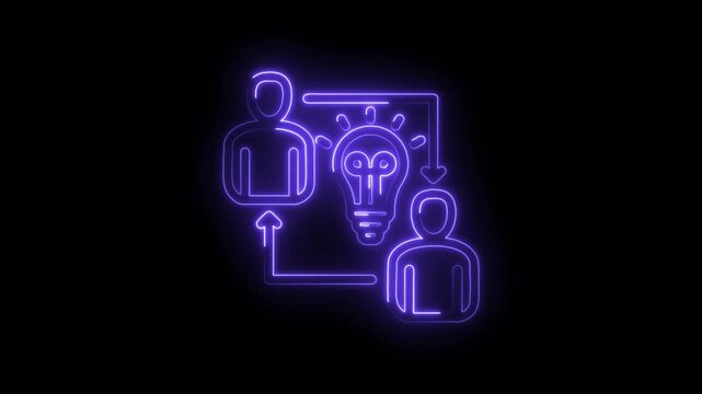 Neon outline of two people exchanging ideas with a glowing lightbulb symbolizing innovation icon