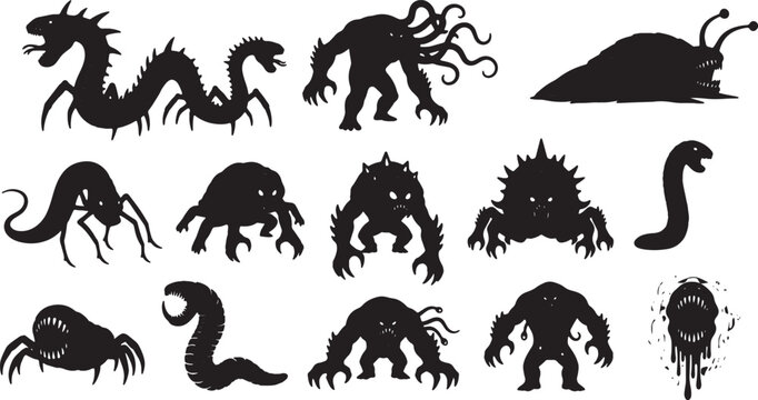 Silhouette collection of fantasy monsters and alien creatures including multi-headed serpents, tentacled beasts, insectoid monsters, giant slugs, and cryptids on white background.