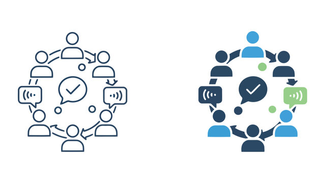 Team communication and feedback loop icon set showing group members connected in circle with speech bubbles for collaborative business culture and effective internal networking processes