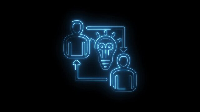 Neon blue outline of two people exchanging ideas with a glowing lightbulb symbol in the icon